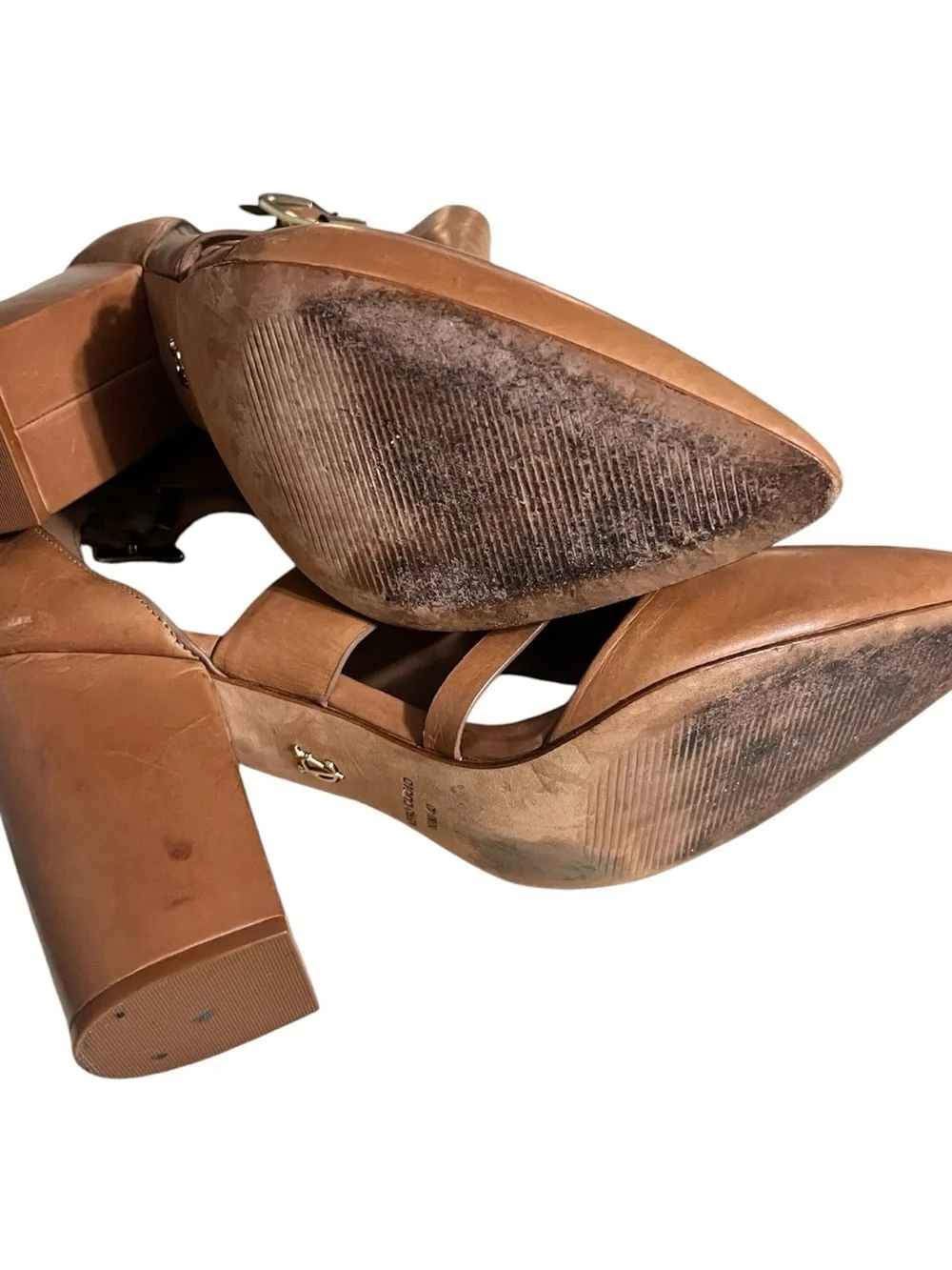 Vince Camuto Cognac Leather Pointed Toe Cutout Block Heel Pumps Sz 10